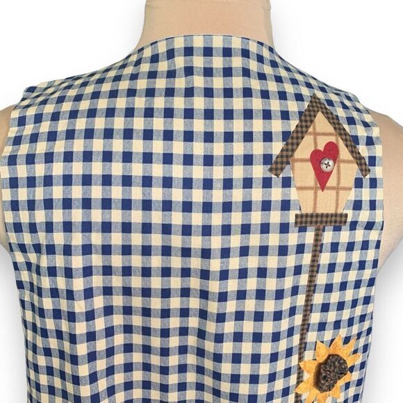 Vintage Handmade Vest Blue White Gingham Checks Sunflower Buttons Open Front - Picture 7 of 14